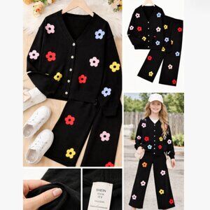 Girls Knit Set Floral Black Cardigan & Pants Outfit Cozy Trendy Size 11Y